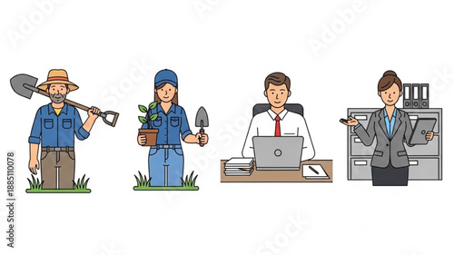 Diverse professions illustrated with people in different work settings.