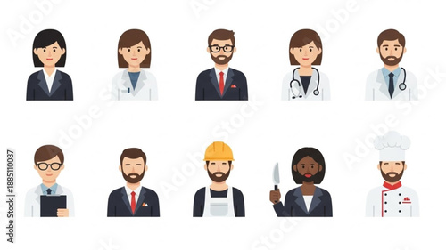 Diverse group of professional people avatars in flat design style.