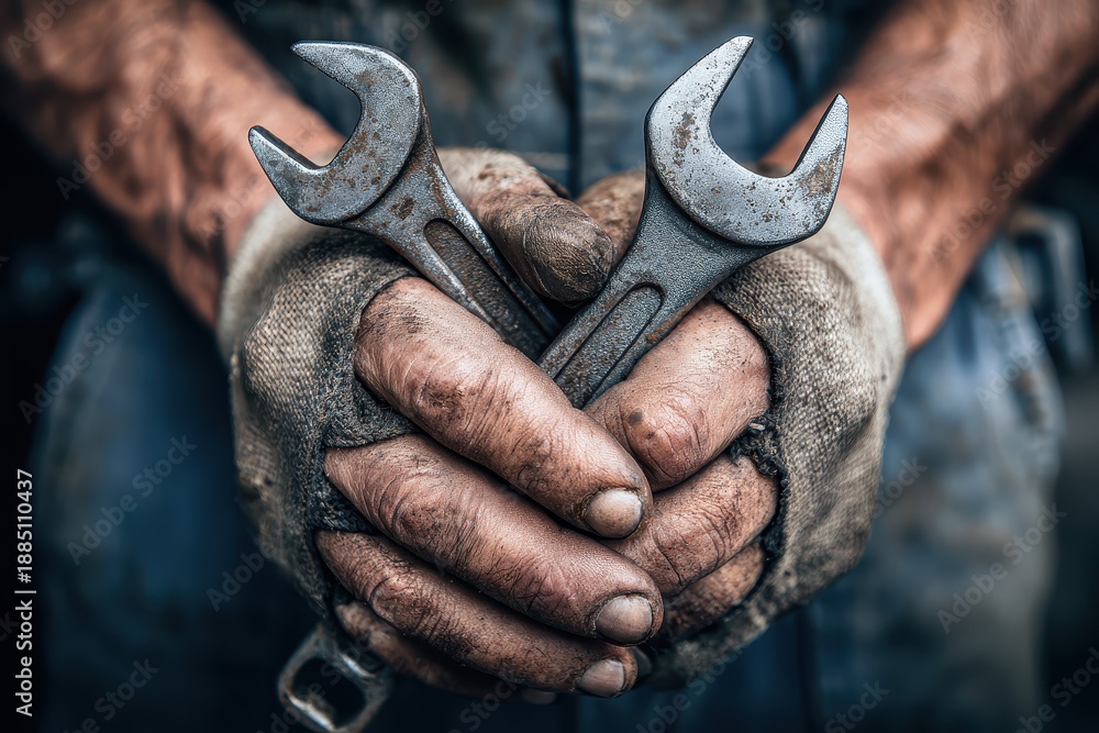 Fototapeta premium Mechanic client holding tools for car repairs while showcasing hands in a rustic workshop environment during daytime