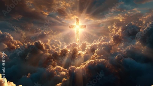 Golden illuminated cross glowing above dramatic cloudscape with radiant sunbeam sunlight glow in sky. heavenly spiritual faith symbol conveying hope and radiant glow of religion and spiritual faith