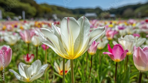 Wallpaper Mural A vibrant field of tulips, with pink, white, orange, and yellow blooms mingling, creating a charming scene of springtime flowers in full bloom. Torontodigital.ca