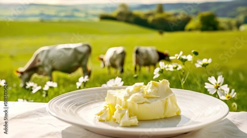 Piece of fresh butter on plate with cows grazing in meadow. Concept of dairy quality and natural farming
