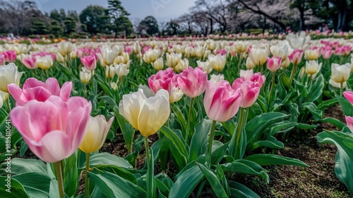 Wallpaper Mural A vibrant field of tulips, with pink, white, orange, and yellow blooms mingling, creating a charming scene of springtime flowers in full bloom. Torontodigital.ca
