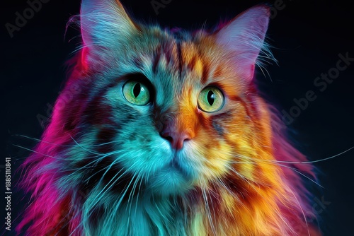 Vibrant Maine Coon cat portrait with neon colors showcasing a stunning pet in a colorful light splash