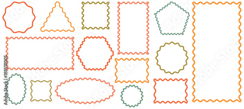Linear zigzag badges collection. Wavy Scalloped rectangular, circle, square, polygon, hexagon and oval Frames Collection. Outline vector illustration. 