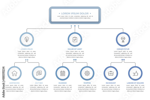 Flowchart infographic template showing organizational structure with three main branches and six sub elements with icons and text