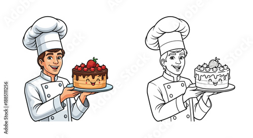 Friendly Cartoon Chef Holding Delicious Cake Plate for Bakery and Restaurant Branding
