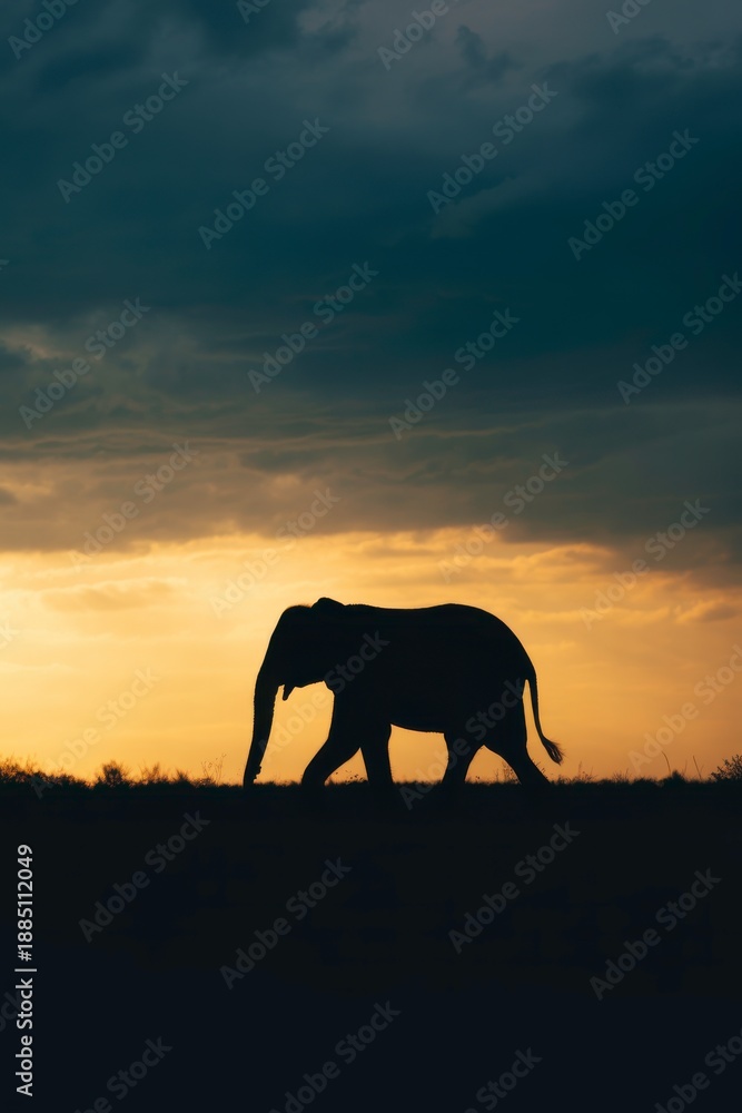 Fototapeta premium Elephant Silhouette at Sunrise in Vast African Landscape