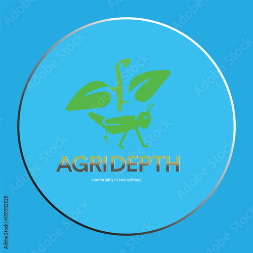 Vector illustration of a green grasshopper and caring hands, sprouting logo for agrotech brand