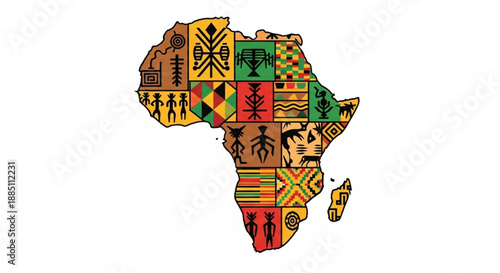 Vibrant african continent map with traditional tribal patterns and colorful cultural designs on white background