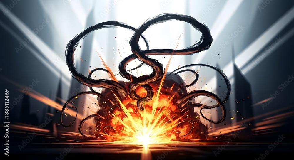 Fototapeta premium Explosive Blast with Abstract Dark Smoke Swirls and Sharp Light Beams