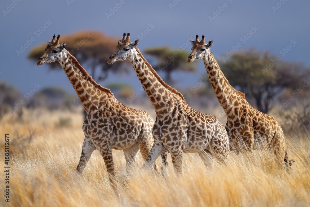 Fototapeta premium Masai giraffes walk gracefully through dry grass under a cloudy sky in the African savanna, showcasing their unique patterns and long necks in their natural habitat during daytime