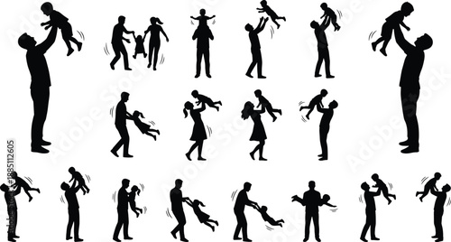 Father mother and child playful silhouette collection showing lifting tossing bonding family moments isolated on white background for parenting concept