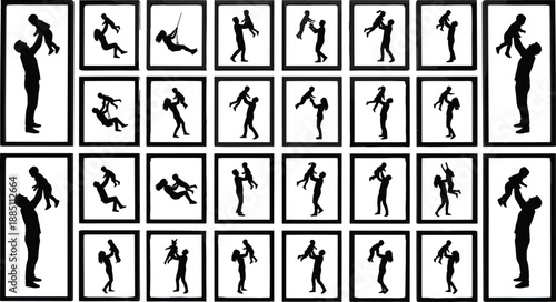 Father and child playful silhouette set showing lifting tossing bonding moments isolated on white background for family parenting concept art