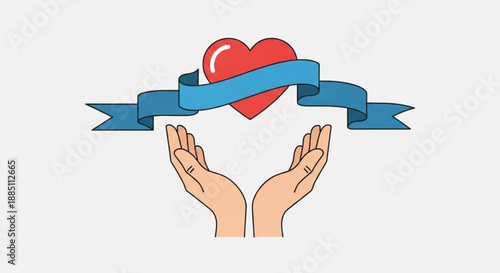 Hands holding heart with blue ribbon on white background symbolizing love care and charity