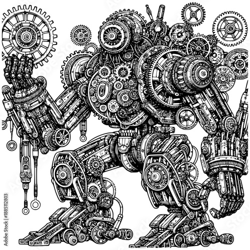 Mechanical Titan: A detailed monochrome illustration of a steampunk robot composed of intricate gears, cogs, and machinery.