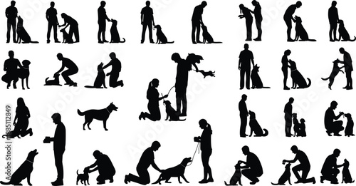 Silhouette dog training collection with owners, obedience commands, bonding moments, pet care scenes, professional handler interactions, isolated black icons set