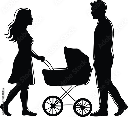 Parents walking with baby stroller silhouette showing family care parenting love lifestyle concept isolated on white background for modern parenthood theme
