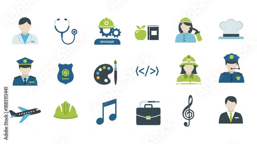 Collection of diverse profession icons representing various careers and jobs.