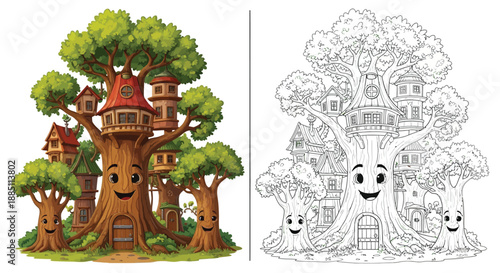 Whimsical Cartoon Treehouse with Faces Fantasy Scene Color and Black White Illustration