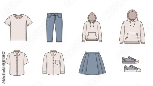 Collection of casual clothing items and footwear.