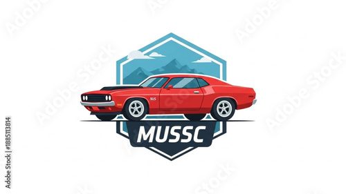 Vintage Red Muscle Car Emblem with Mountains and Sky.
