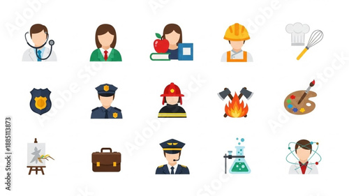 Collection of diverse professional occupation icons in flat design style.