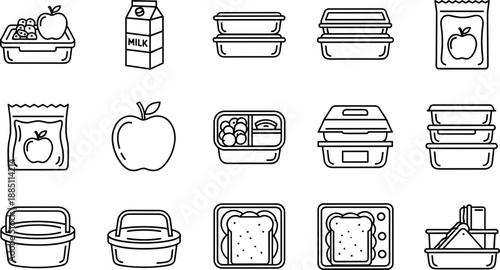 Minimalist black line art vector icons of food packaging featuring various metal tin cans glass jars and cardboard storage boxes for pantry items.