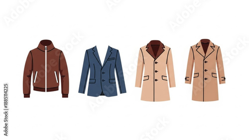 Collection of four stylish mens outerwear garments displayed side by side.