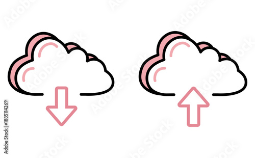 クラウドのアップロードとダウンロードを表す通信アイコンイラストセット