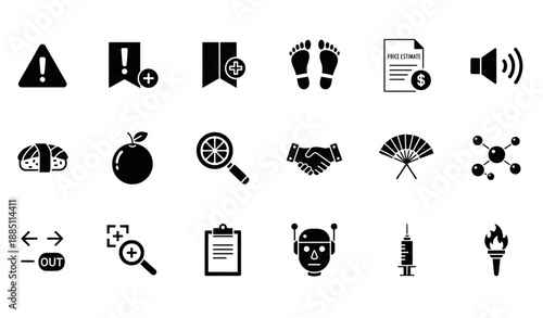 Minimal Solid Black Glyph Icon Pack for UI with Food Medical Science and Tools