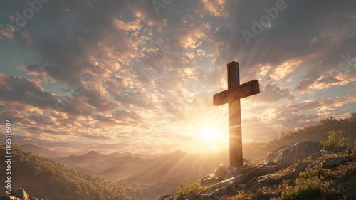 Wooden cross sunrise mountain valley spiritual faith hope landscape peaceful morning with sun rays and dramatic clouds conveying serenity and golden light