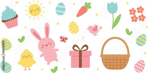 Cute Easter elements collection set bunny chick eggs basket flowers spring cartoon flat vector illustration isolated
