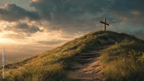 Grassy hill path to wooden cross at sunset with dramatic clouds, sky and sunlight over golden grass, horizon landscape conveying peaceful, contemplative mood, quiet reflection and hope