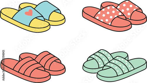 Cute house slippers collection set cozy indoor footwear sandals cartoon flat vector illustration isolated on white background