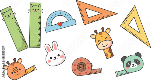 Cute school stationery rulers and measuring tools collection set kawaii cartoon flat vector illustration isolated on white background