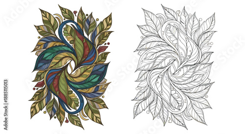 Intricate Leaf Pattern Design Comparison Color and Black White for Adult Coloring Books