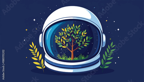 Astronaut Helmet with Tree Inside Space.