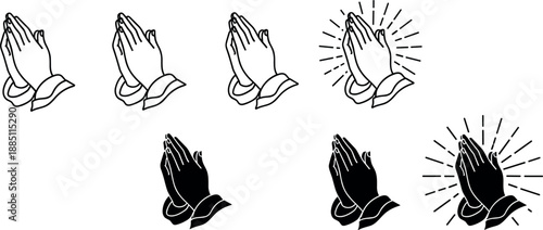 Vector set of religious praying hands icons featuring outline and silhouette styles with divine light rays for faith prayer worship and spiritual design projects.