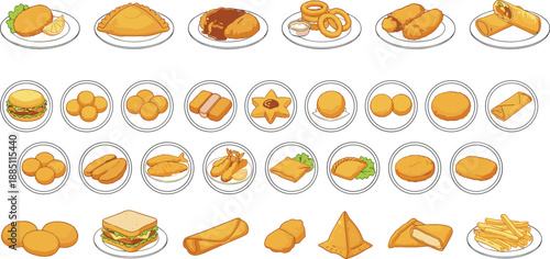 Bakery food collection set with breads buns pastries sandwiches and snacks cartoon flat vector illustration isolated