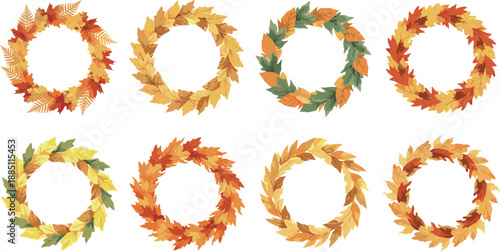 Autumn leaf wreath collection set fall seasonal foliage circles decorative flat vector illustration isolated on white background