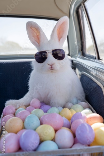 Wallpaper Mural Cute white rabbit with sunglasses and pastel Easter eggs in basket Torontodigital.ca