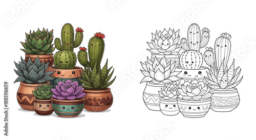 Cute Cartoon Cacti and Succulents in Ceramic Pots with Creative Coloring Page Design