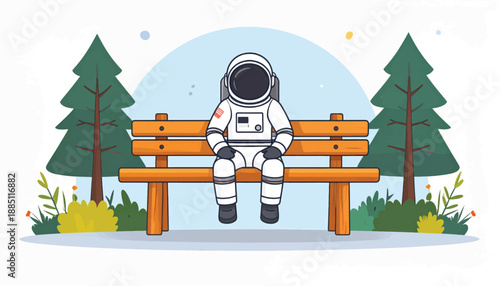 Astronaut Sitting Alone on Bench in Space Suit.