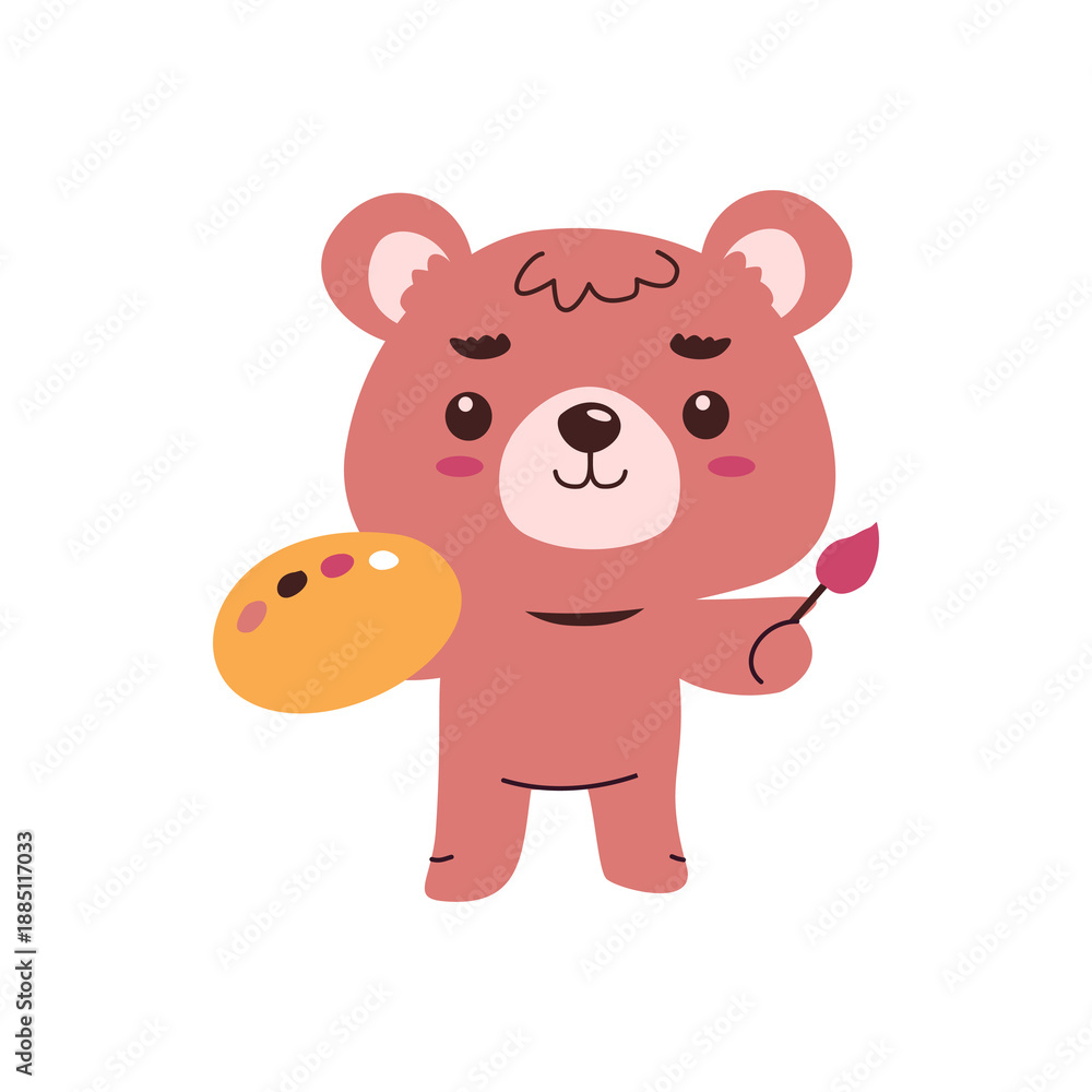 Fototapeta premium Cute cartoon bear character holding an 's palette and a paintbrush