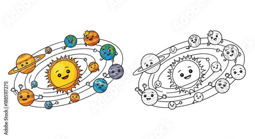 Cute Cartoon Solar System with Happy Planets and Stars Space Coloring Page for Kids