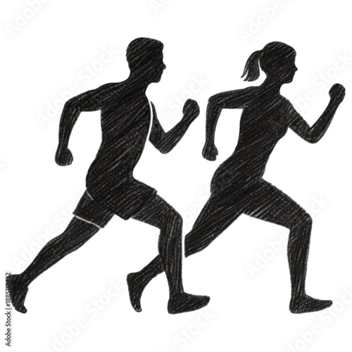 Dynamic Duo's Sprint: A silhouette captures the fluid motion of a man and woman sprinting together, embodying speed, energy, and a shared pursuit of fitness. 
