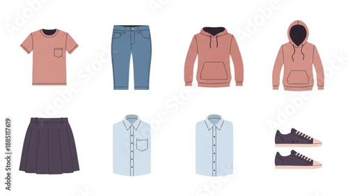 Collection of casual clothing items for everyday wear.