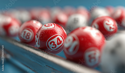 A row of red and white numbered balls on a blue background. The balls are numbered from 34 to 43