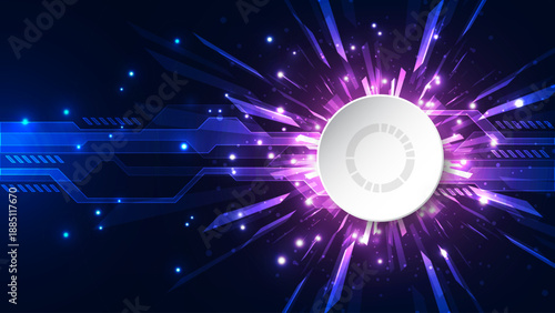 Abstract Futuristic Technology Background: Radiant Purple Energy Burst and White Circular Frame